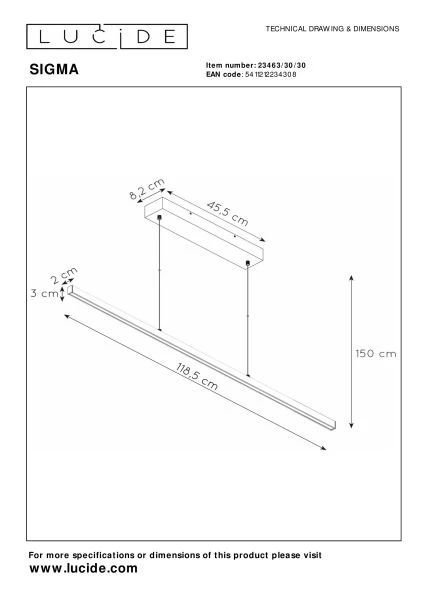 Lucide SIGMA - Suspension - LED Dim. - 1x30W 2700K - Noir - TECHNISCH